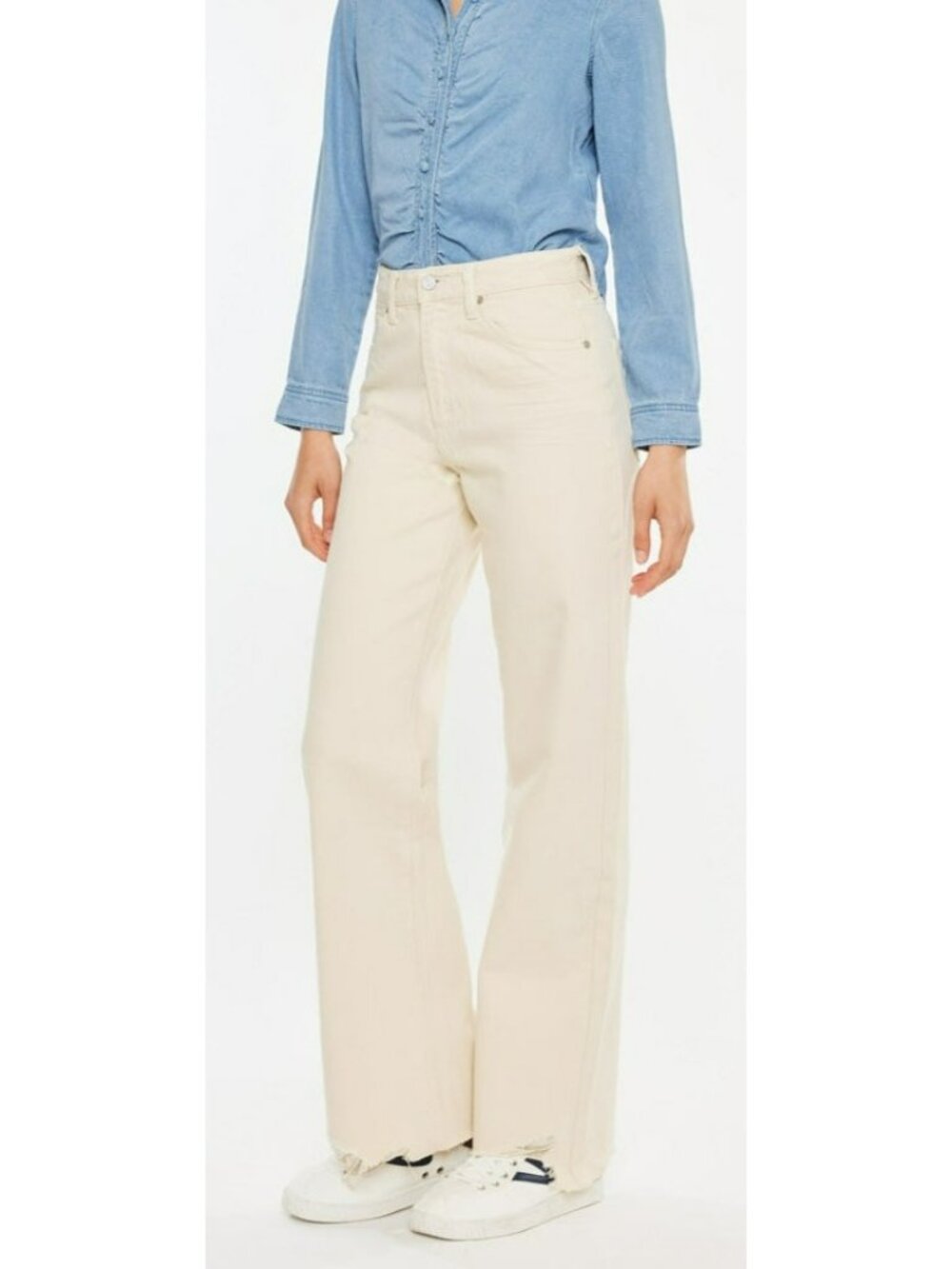 Kancan Mikaella Ultra High Rise 90s Flare Jeans Cream Distressed Hem Size 3/25 1